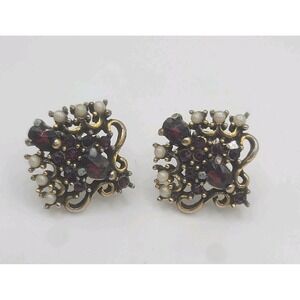 Vintage Hollycraft Earrings Red Faux Pearl Signed Screw Back Retro